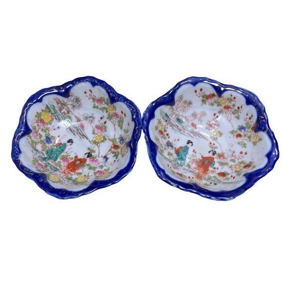 Japan Other - Vintage Japanese Bowl Scalloped Hand-Painted Geisha Blue Gold Trim Set of 2